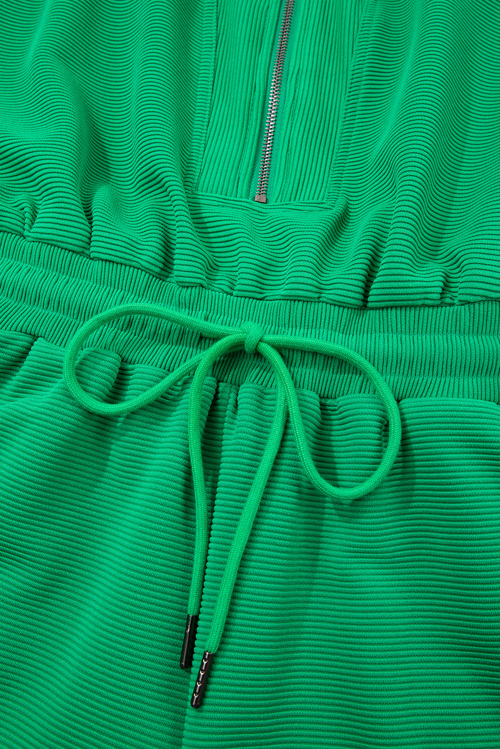Bright Green Textured Short Sleeve Half Zip Drawstring Waist Romper eAura