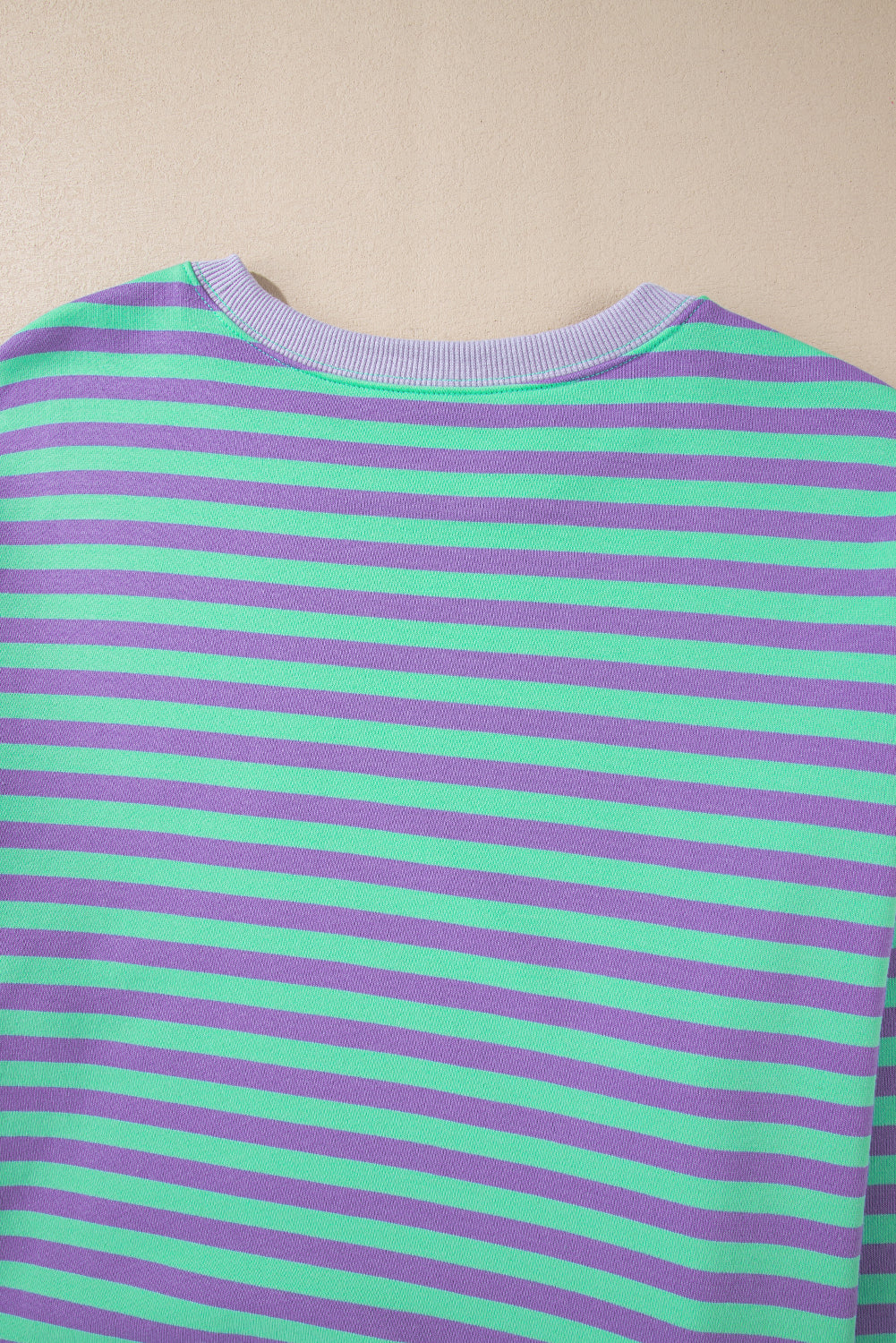 Striped Contrast Ribbed Trim Crossed Stitch Drop Shoulder Sweatshirt - eAura