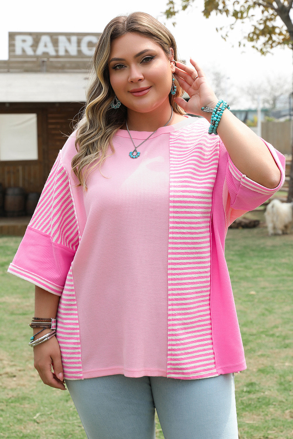 Pink Stripe Patchwork Colourblock Plus Size T Shirt BB Fashion Outlet