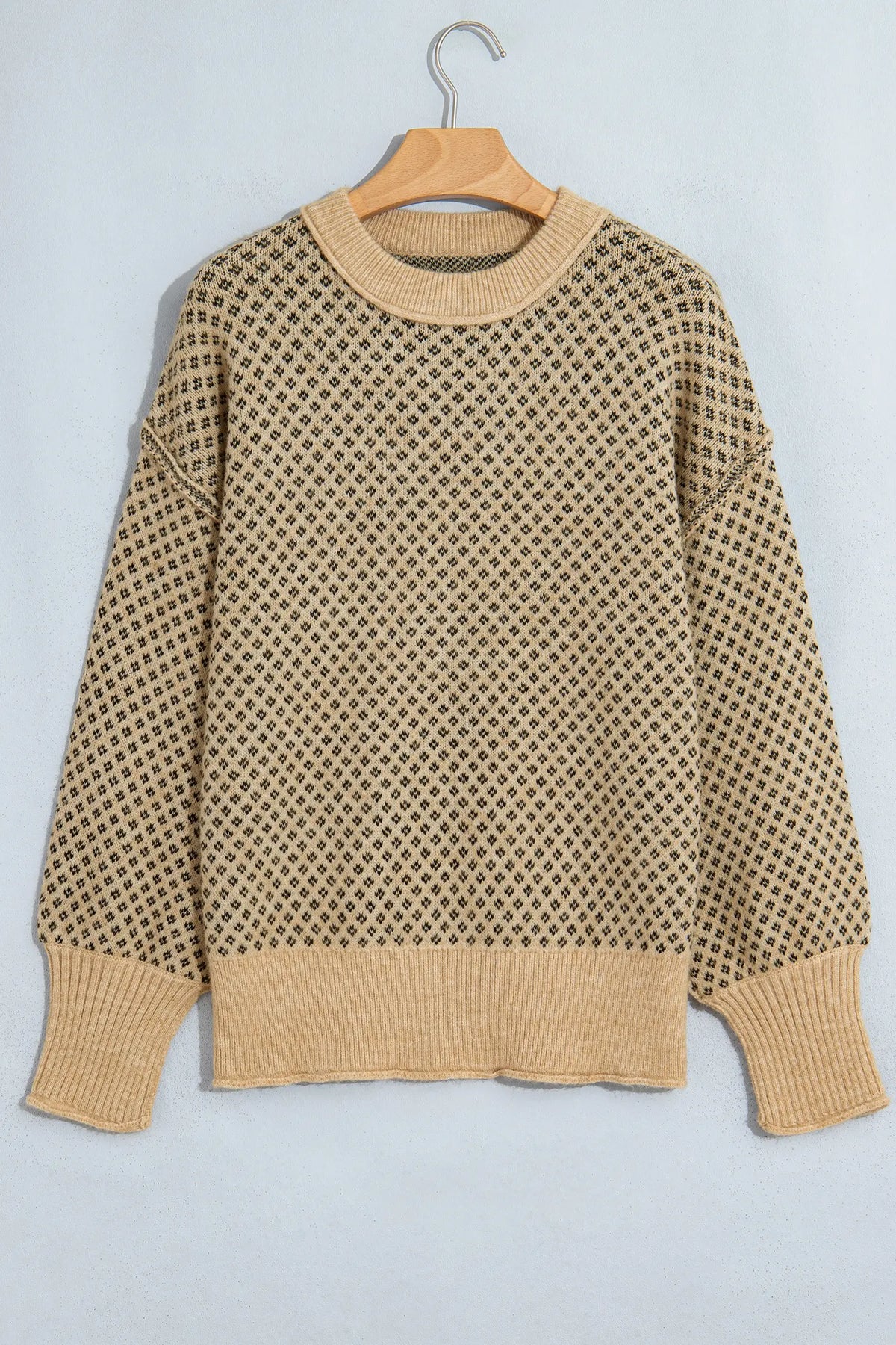 Geometric Print Drop Shoulder Round Neck Long Sleeve Sweater – Khaki
