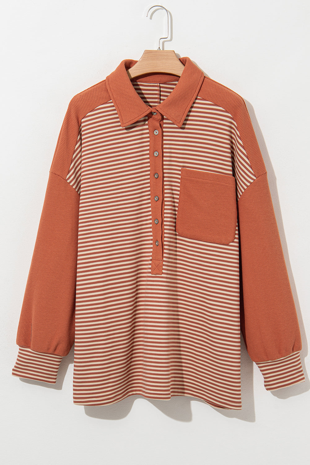 Red Stripe Textured Patched Drop Shoulder Buttoned Plus Size Sweatshirt BB Fashion Outlet