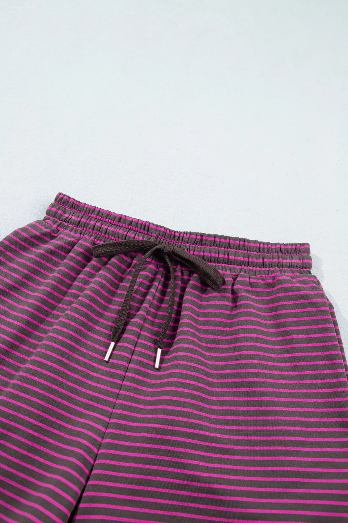 Ribbed Patchwork Mock Neck Baggy Pullover Matching Shorts Set – Blue Stripe