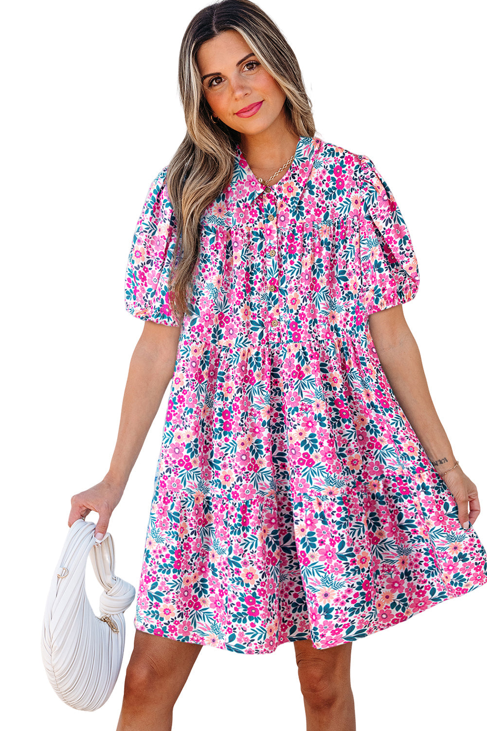Pink Floral Collared Half Placket Short Sleeve Loose Dress eAura