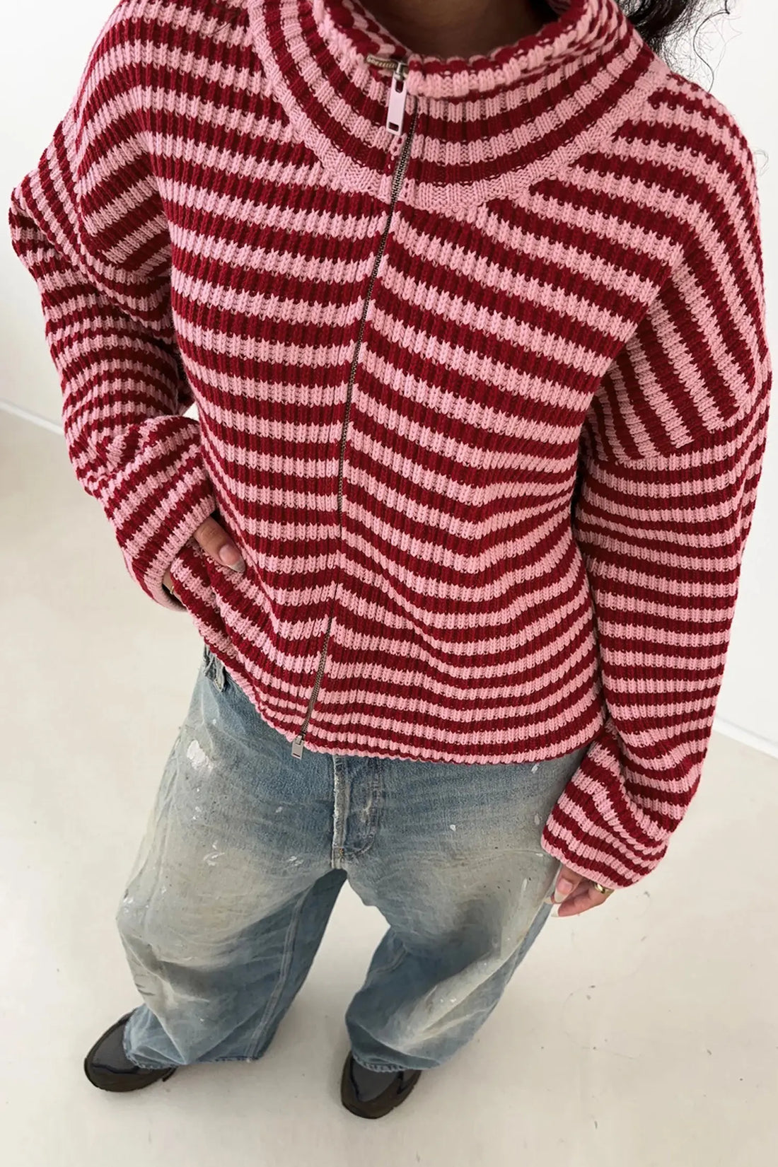 Striped High Neck Zip-up Sweater Long Sleeve Casual Fit Drop Shoulder Open Front Cardigan