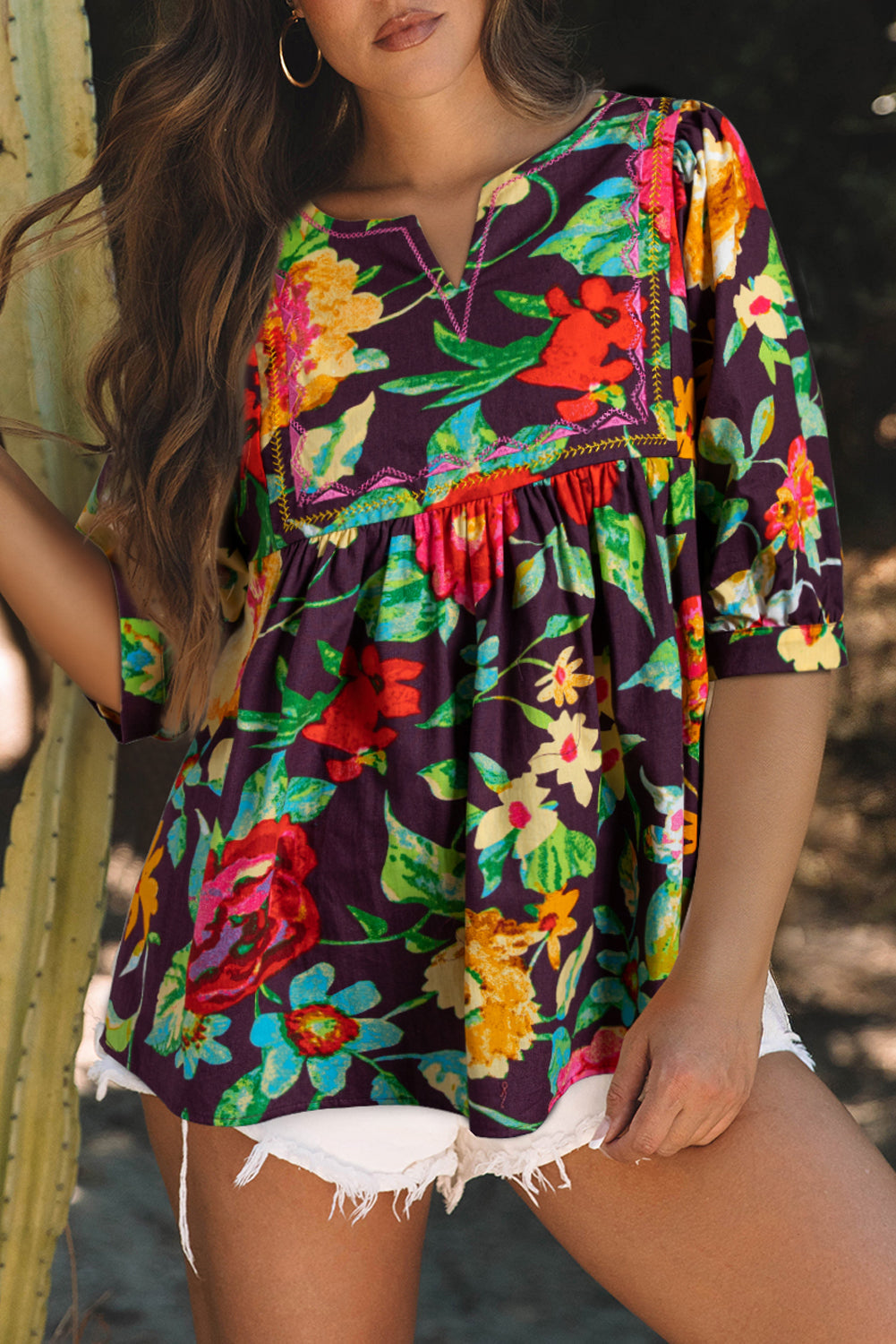 Greyish Purple Rose Flower Embroidered Trim Half Sleeve Blouse eAura