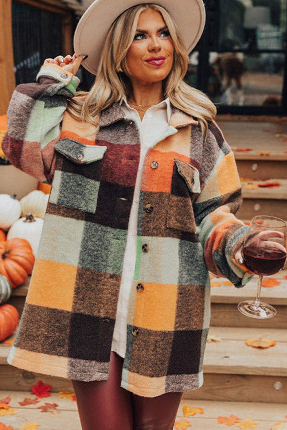 Orange Plaid Print Flap Pocket Long Jacket eAura