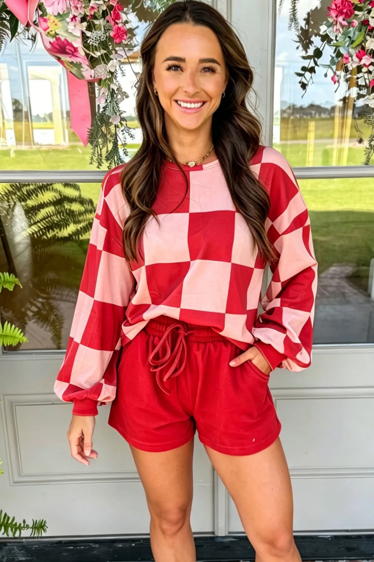 Checkerboard Plaid Long Sleeve Solid Colour Shorts 2pcs Set – Khaki