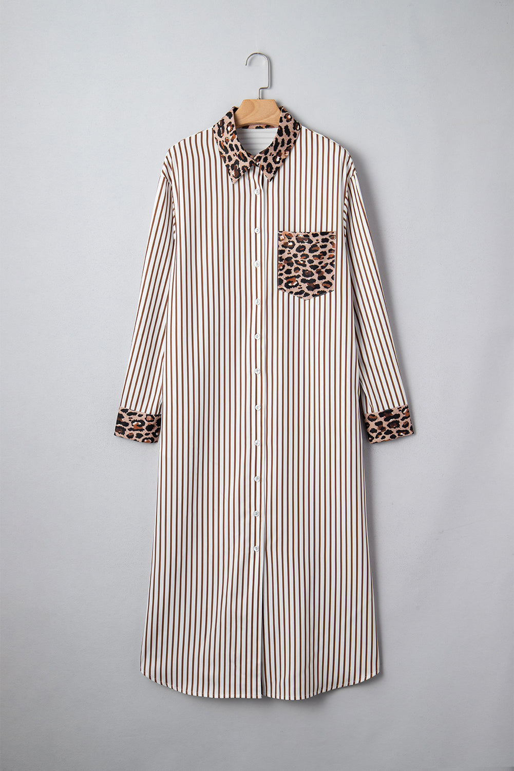 Stripe Contrast Leopard Patchwork Long Shirt Dress with Slits - eAura