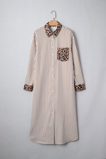 Stripe Contrast Leopard Patchwork Long Shirt Dress with Slits - Dresses/Maxi Dresses