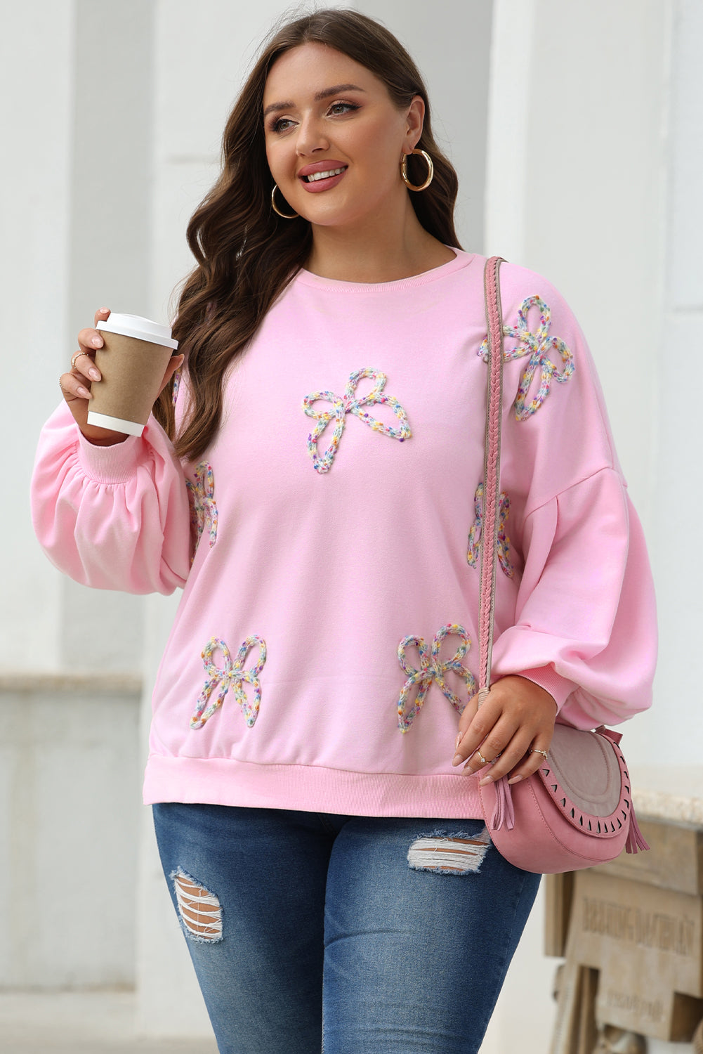Light Pink Embroidered Bow Lantern Sleeve Oversized Pullover Sweatshirt eAura