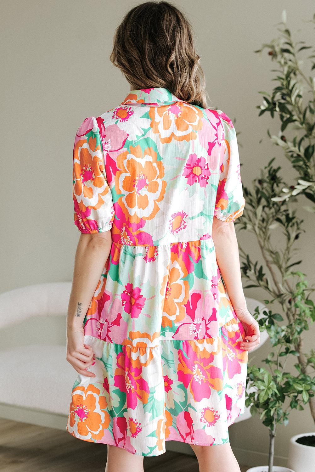 Green Floral Puff Sleeve Collar Buttoned Babydoll Dress eAura