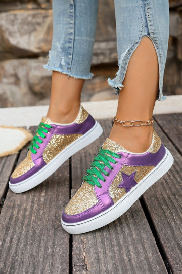 Purple Glitter Star Patchwork PU Leather Lace-up Sneakers - 37 - Shoes/trainers