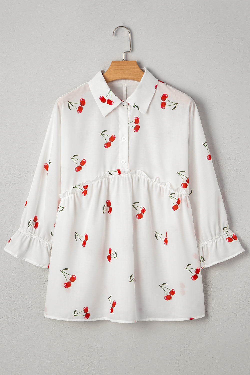 White Cherry Print Collared Frilled Babydoll Blouse - eAura