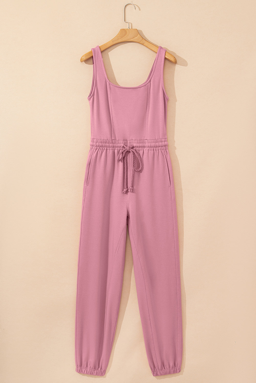 Light Pink Lace-up Elastic Waist Sleeveless Square Neck Jumpsuit eAura
