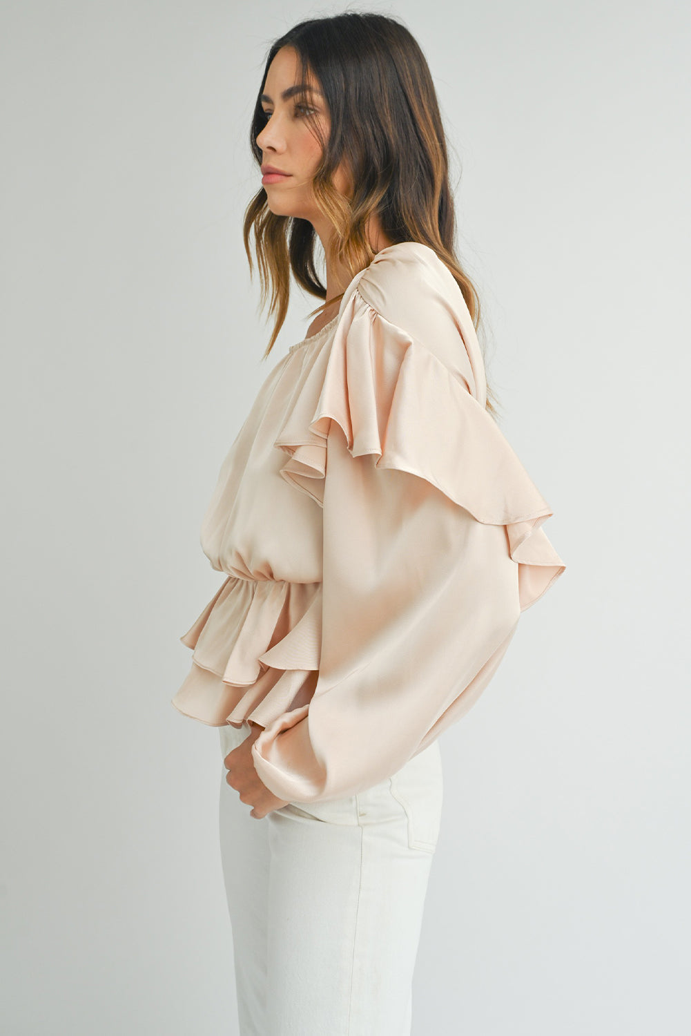 Oatmeal Lace-up Keyhole Back Ruffled Peplum Blouse BB Fashion Outlet