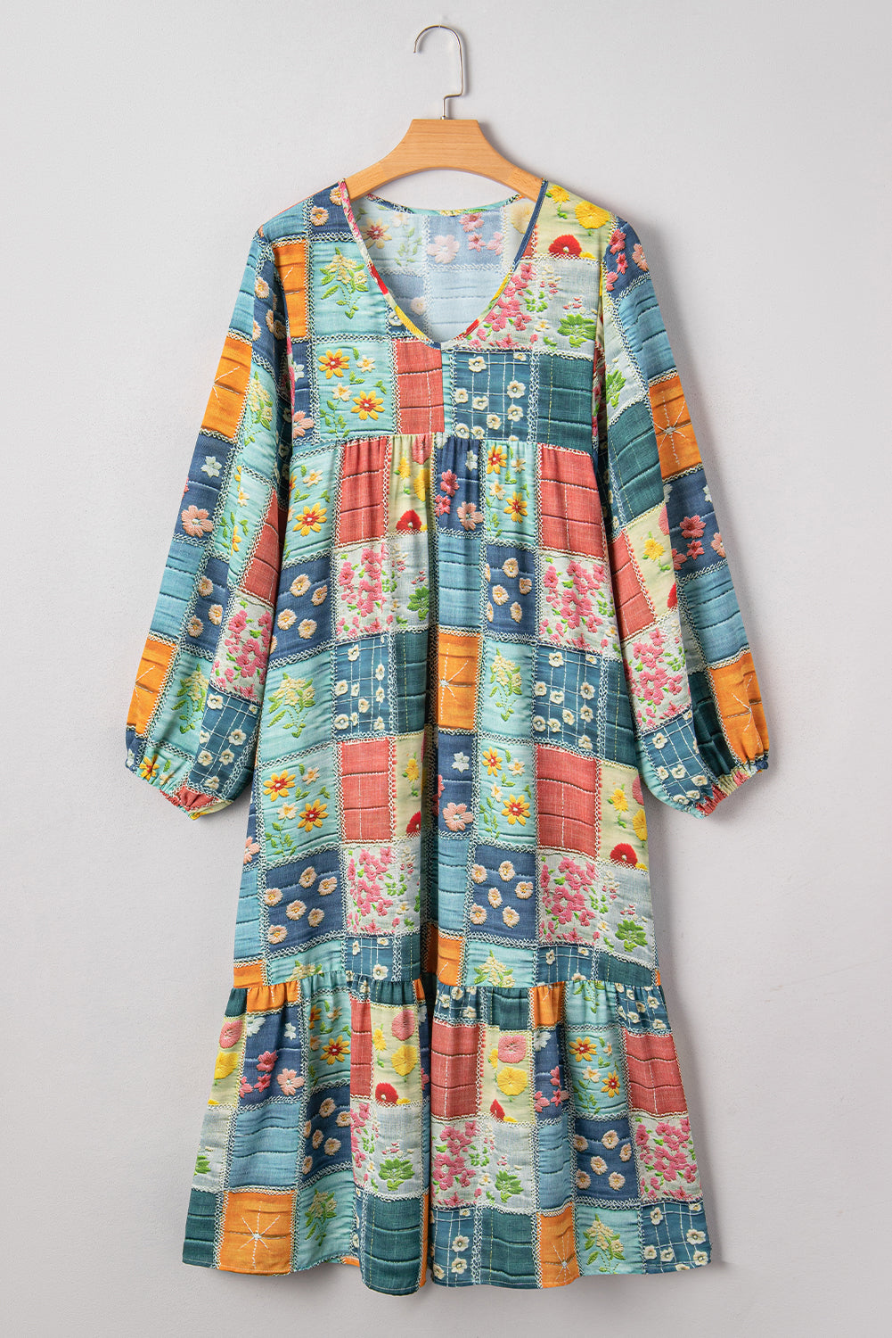 Floral Checkered Pattern Bubble Sleeve Ruffle Hem Dress - eAura