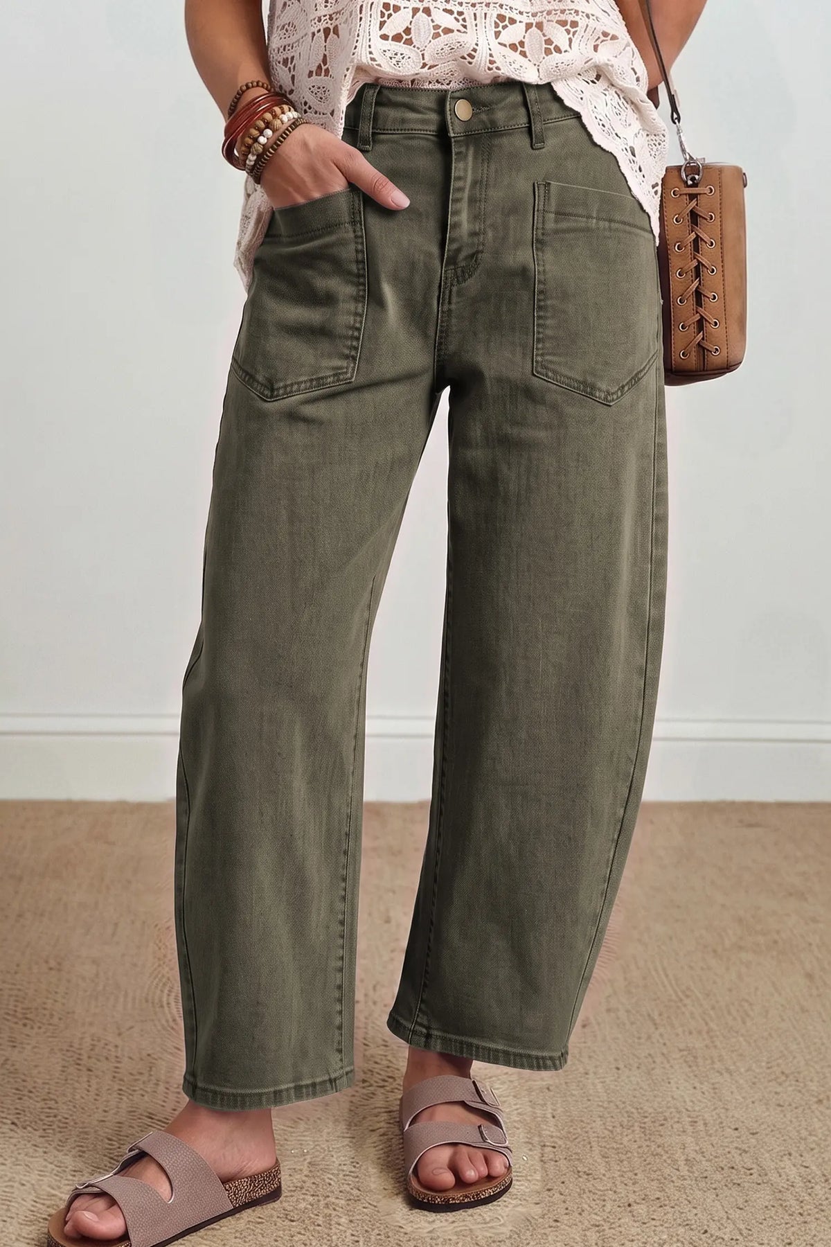 Solid Colour Square Patch Pocket Ankle-length Barrel Jeans – Beau Blue