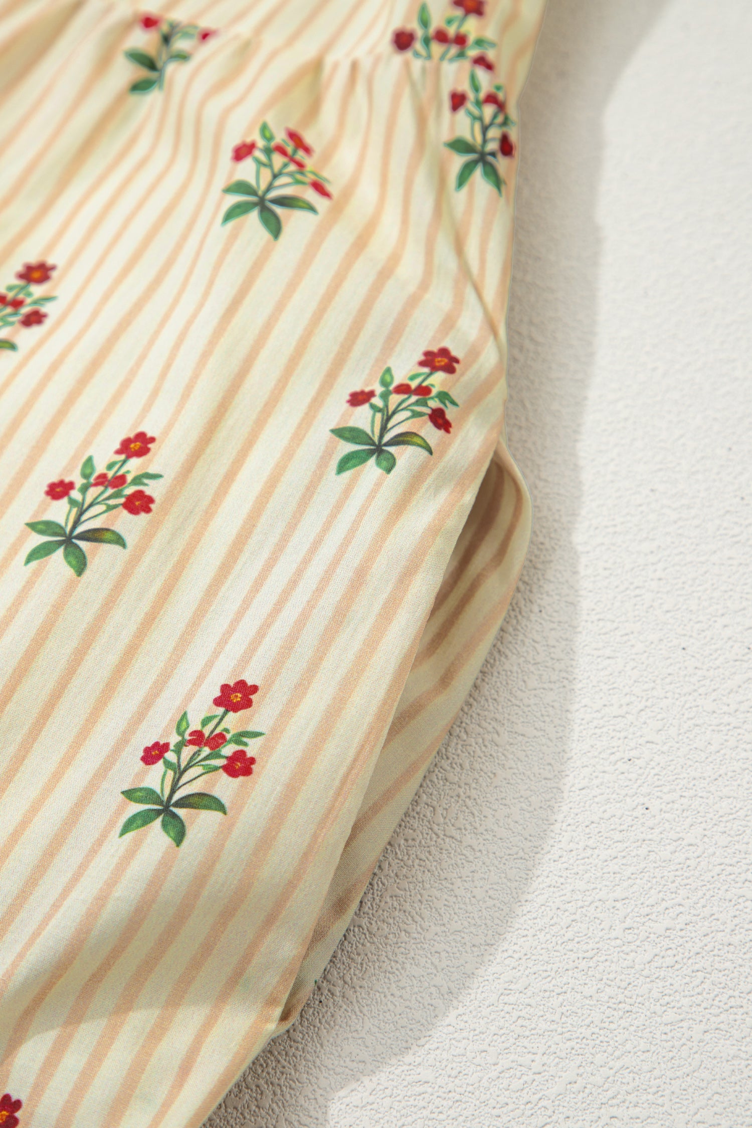 Striped Floral Print Contrast Detail Ruffle Hem Short Dress