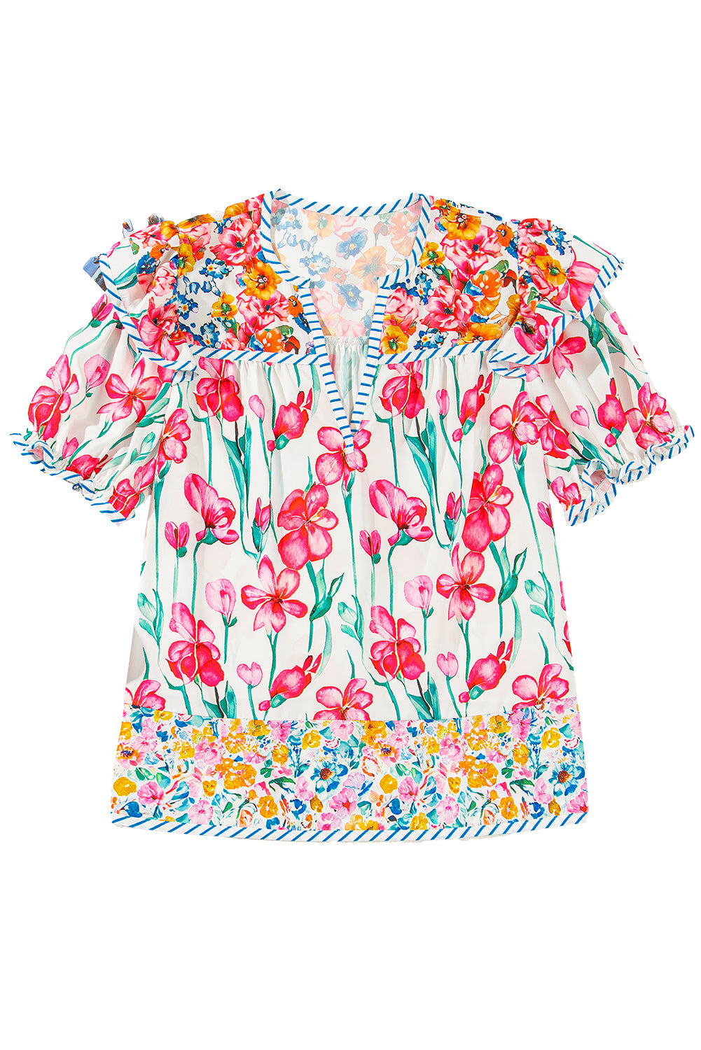 Pink Floral Print Striped Detail Split Neck Short Sleeve Blouse eAura