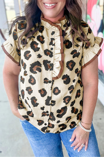 Plus Size Leopard Print Frilled Color Block Trim Button Down Short Sleeve Blouse – Khaki
