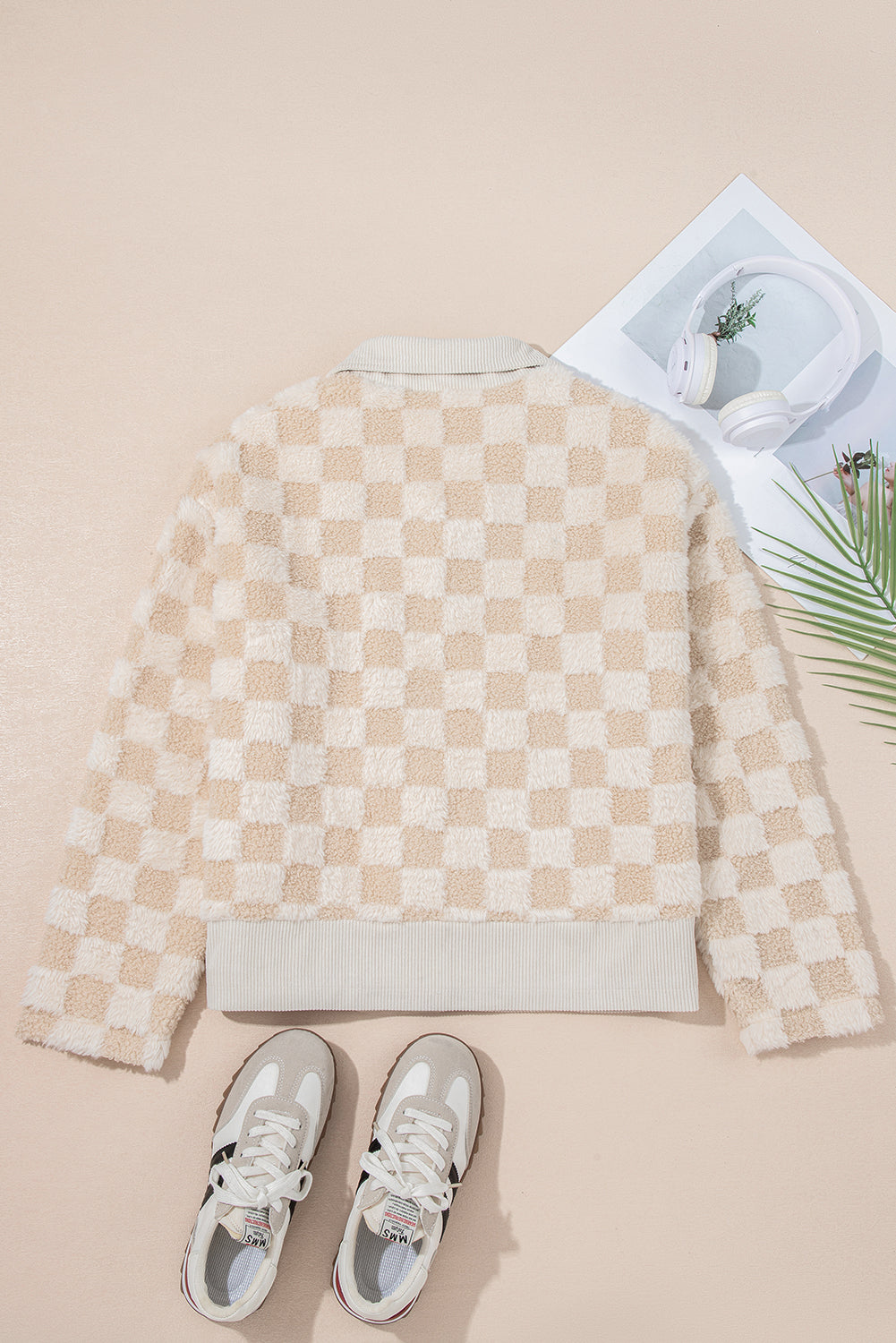 Checker Sherpa Corduroy Patchwork Zip up Collared Jacket eAura
