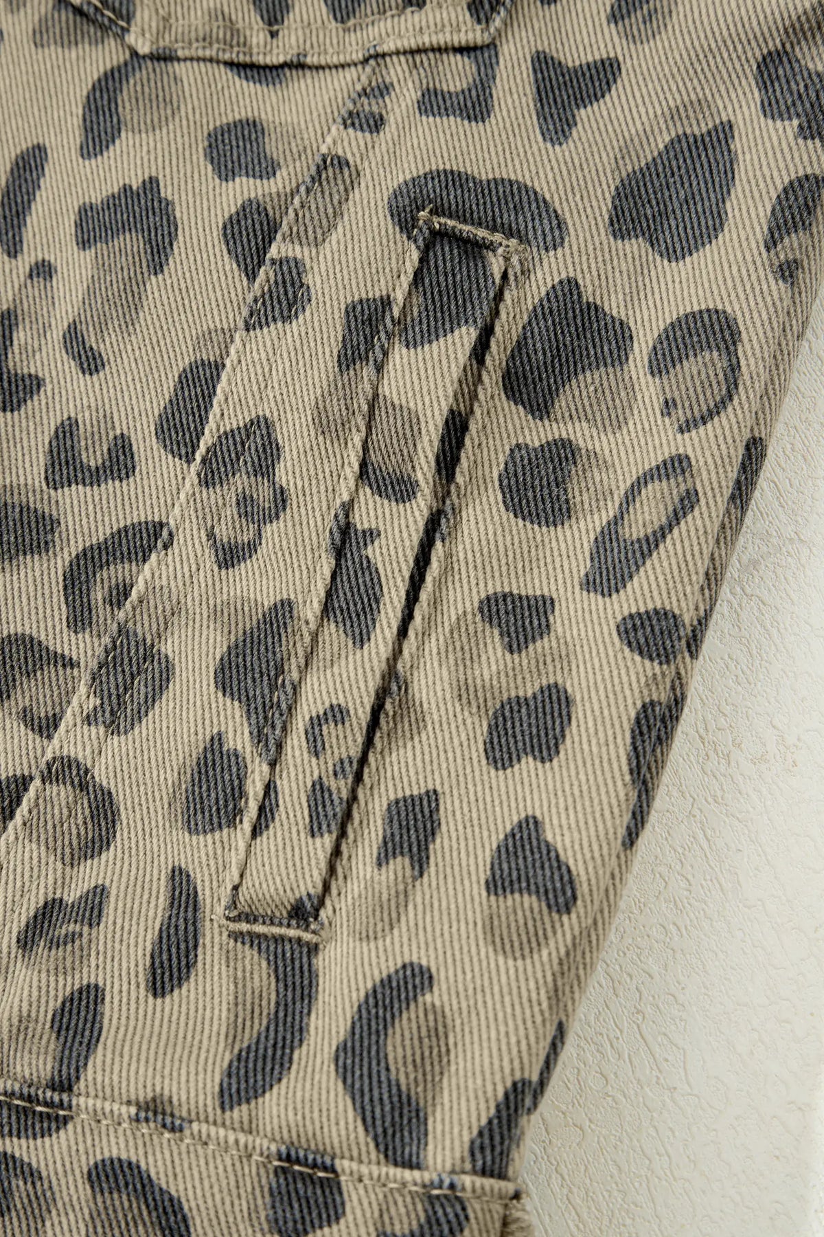 Khaki Retro Leopard Print Seam Detail Button Down Denim Jacket