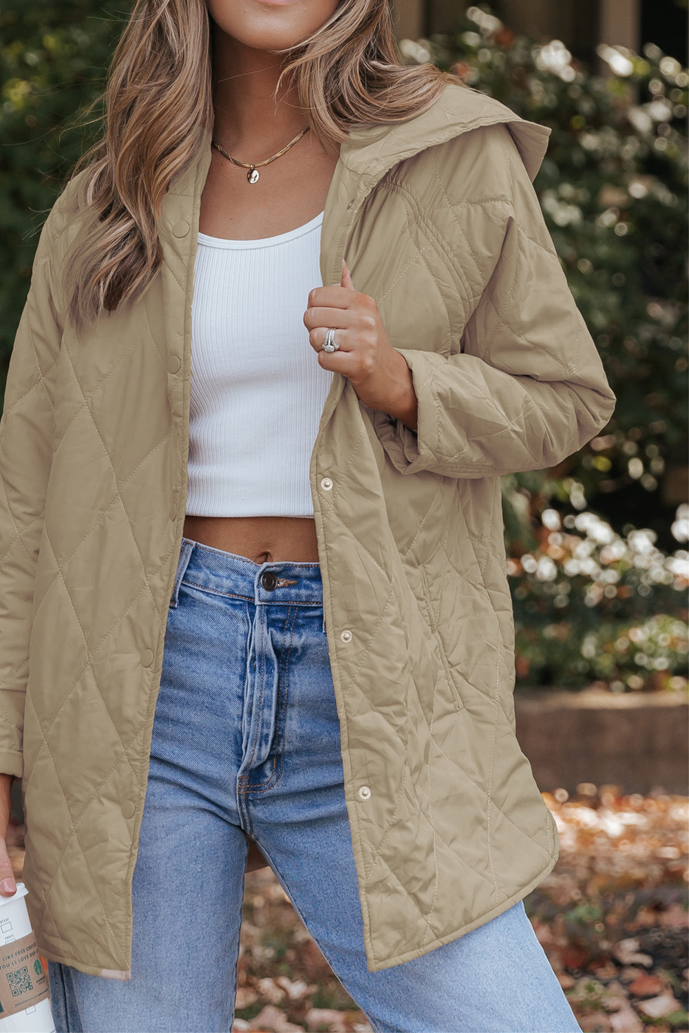 Khaki Quilted Snap Button Hooded Puffer Coat - eAura