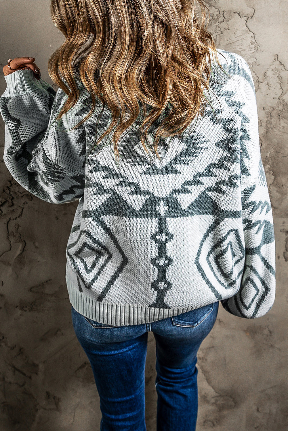 Light Grey Geometric Pattern Ribbed Trim Button-Up Cardigan eAura