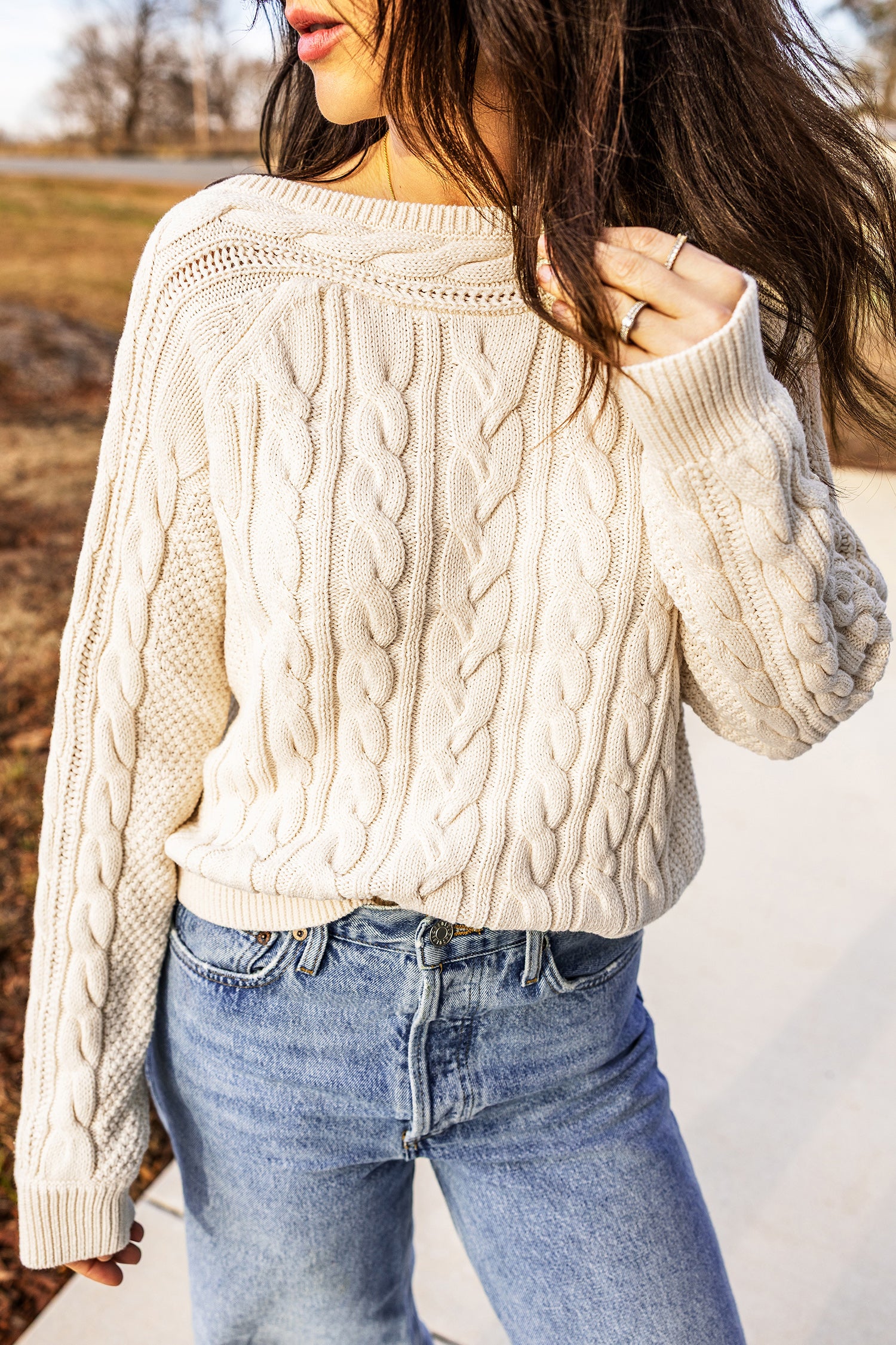 Drop Shoulder Round Neck Cable Knit Sweater – Beige