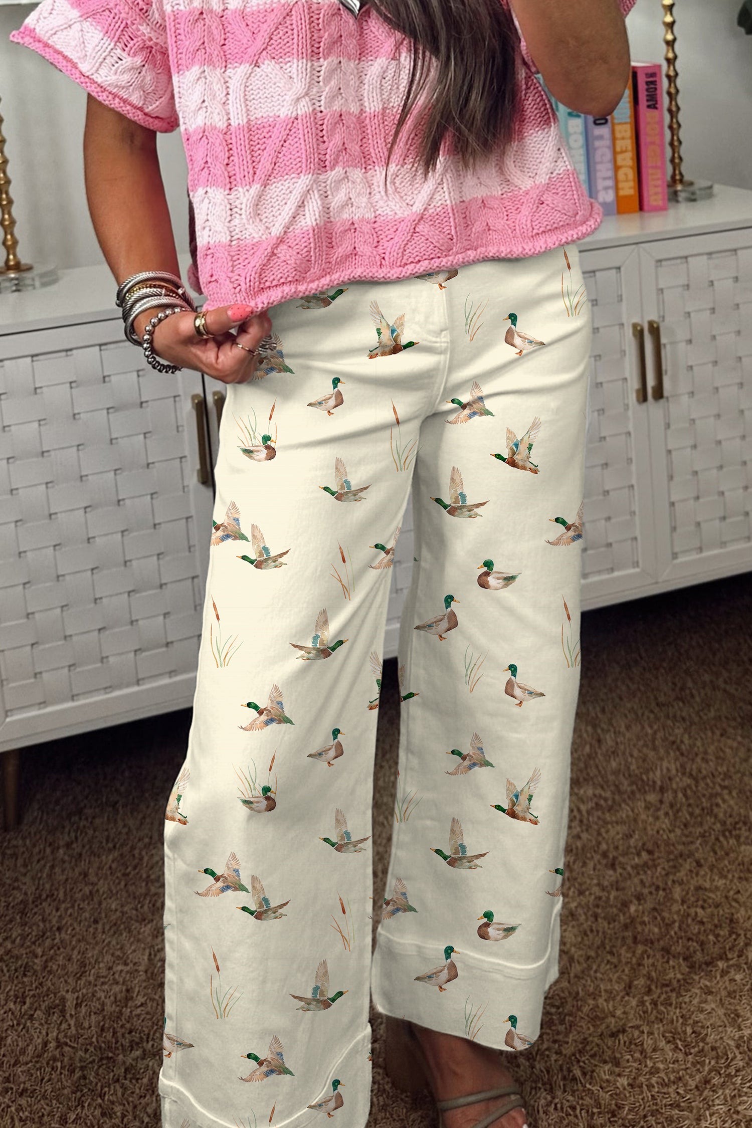 Beige Mallard Print Cuffed Hem Shift Jeans