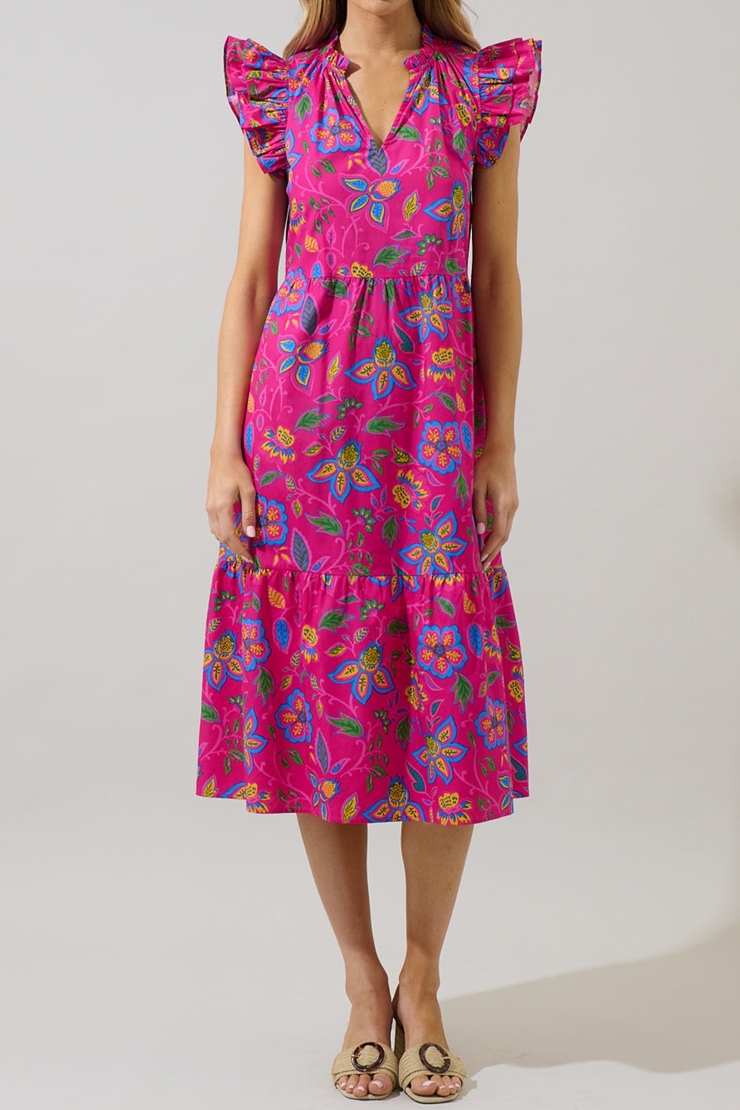 Flutter Sleeve Belted Floral Long Dress