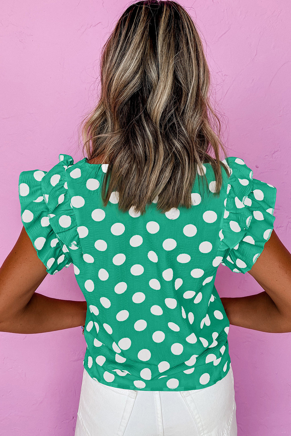 Black Polka Dot Print Ruffled Sleeve V Neck Blouse eAura