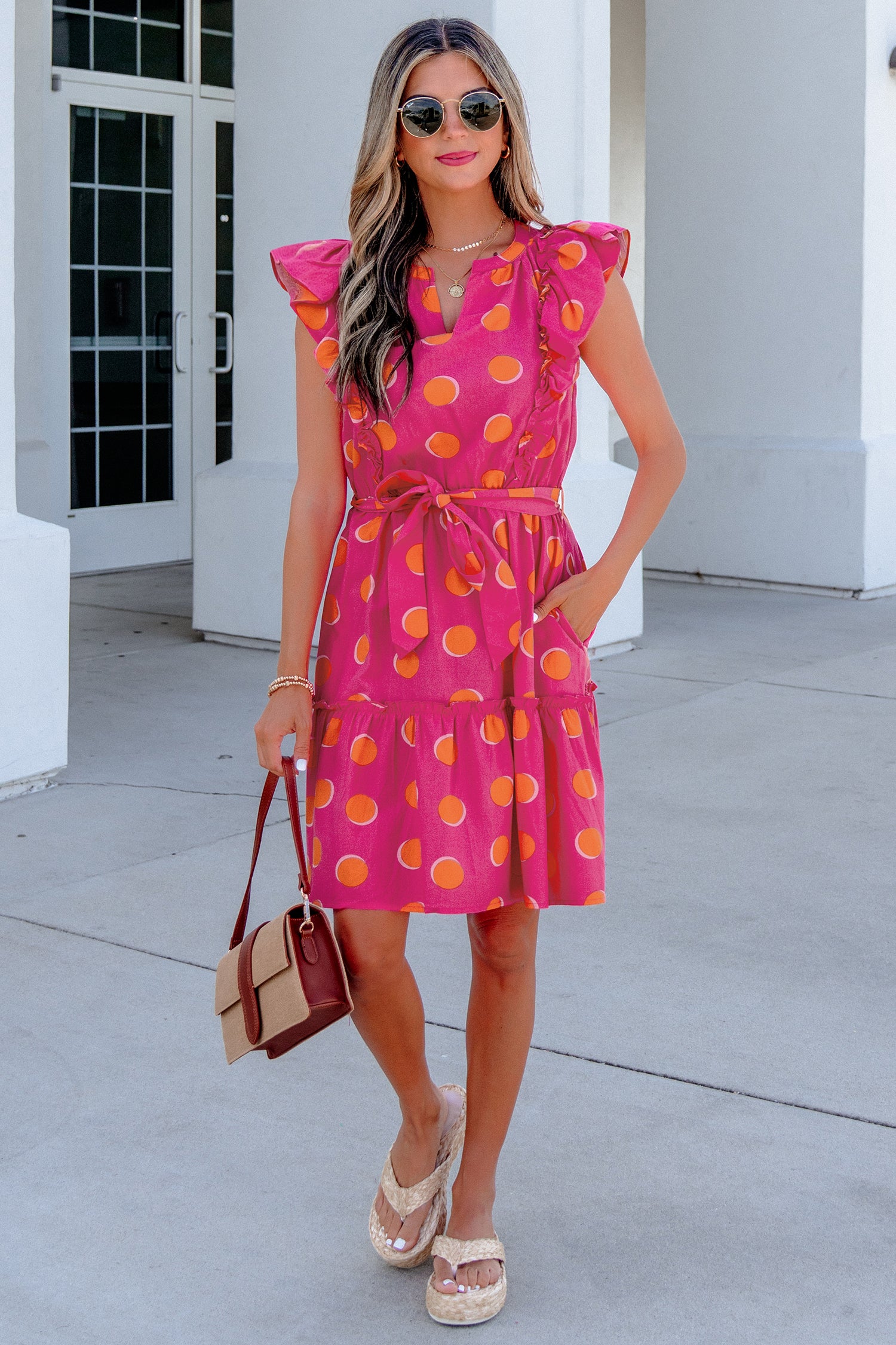 Polka Dot V Neck Ruffled Short Sleeve Mini Dress