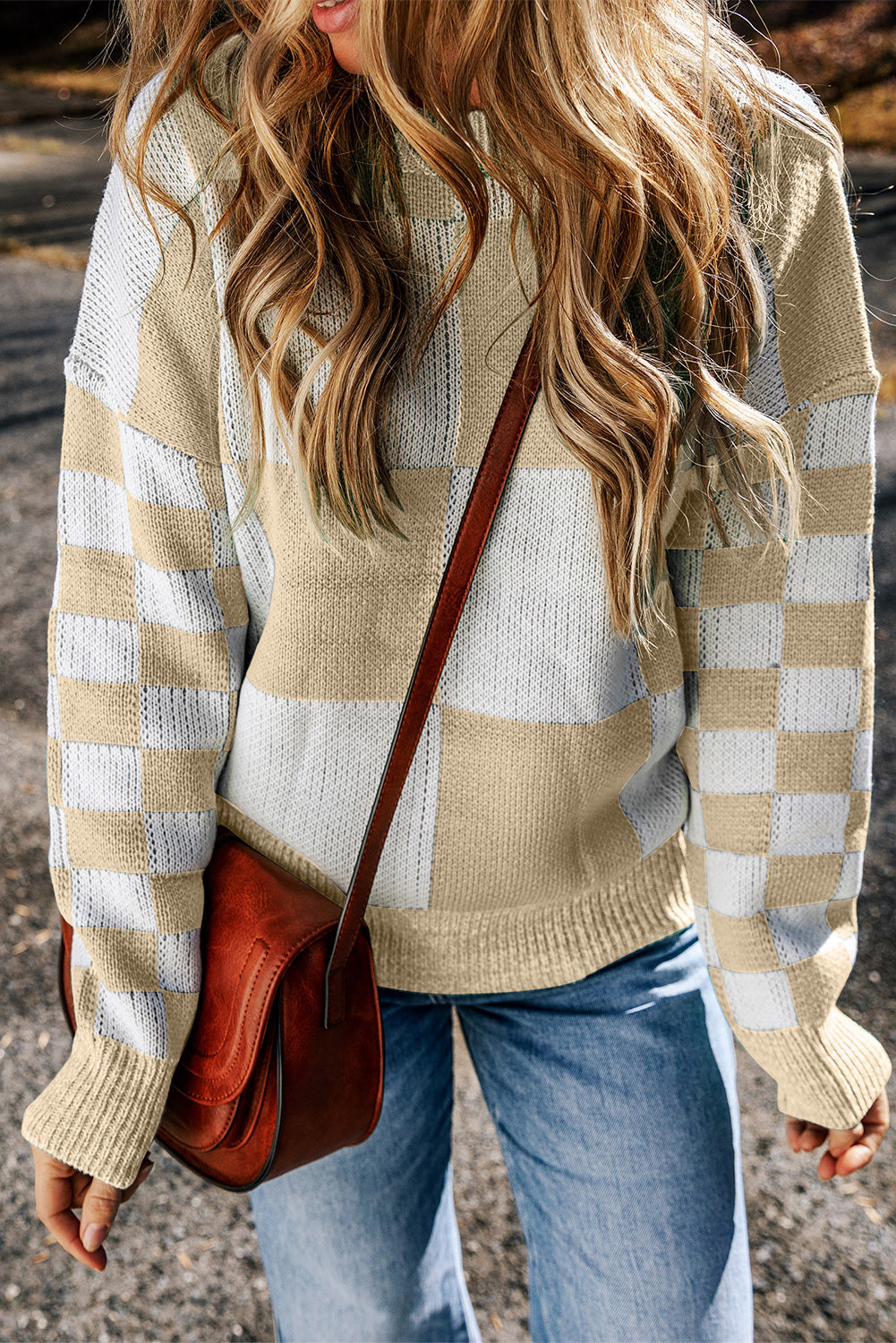 Flaxen Checkered Print Drop Shoulder Sweater eAura