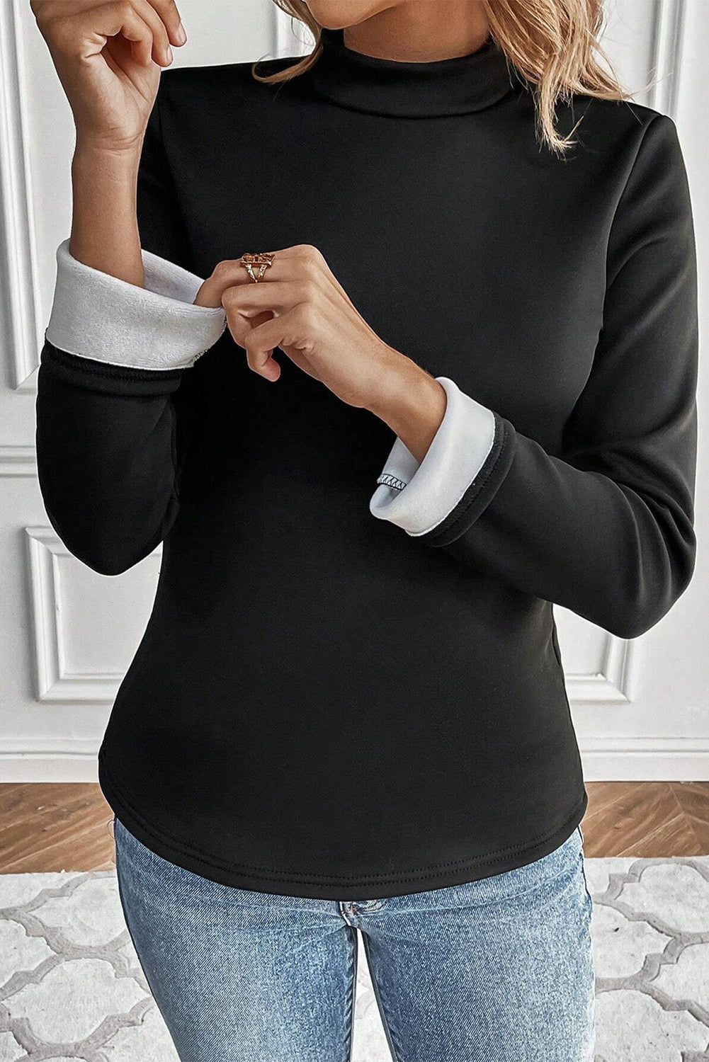Black Mock Neck Thermal Lined Long Sleeve Tee eAura