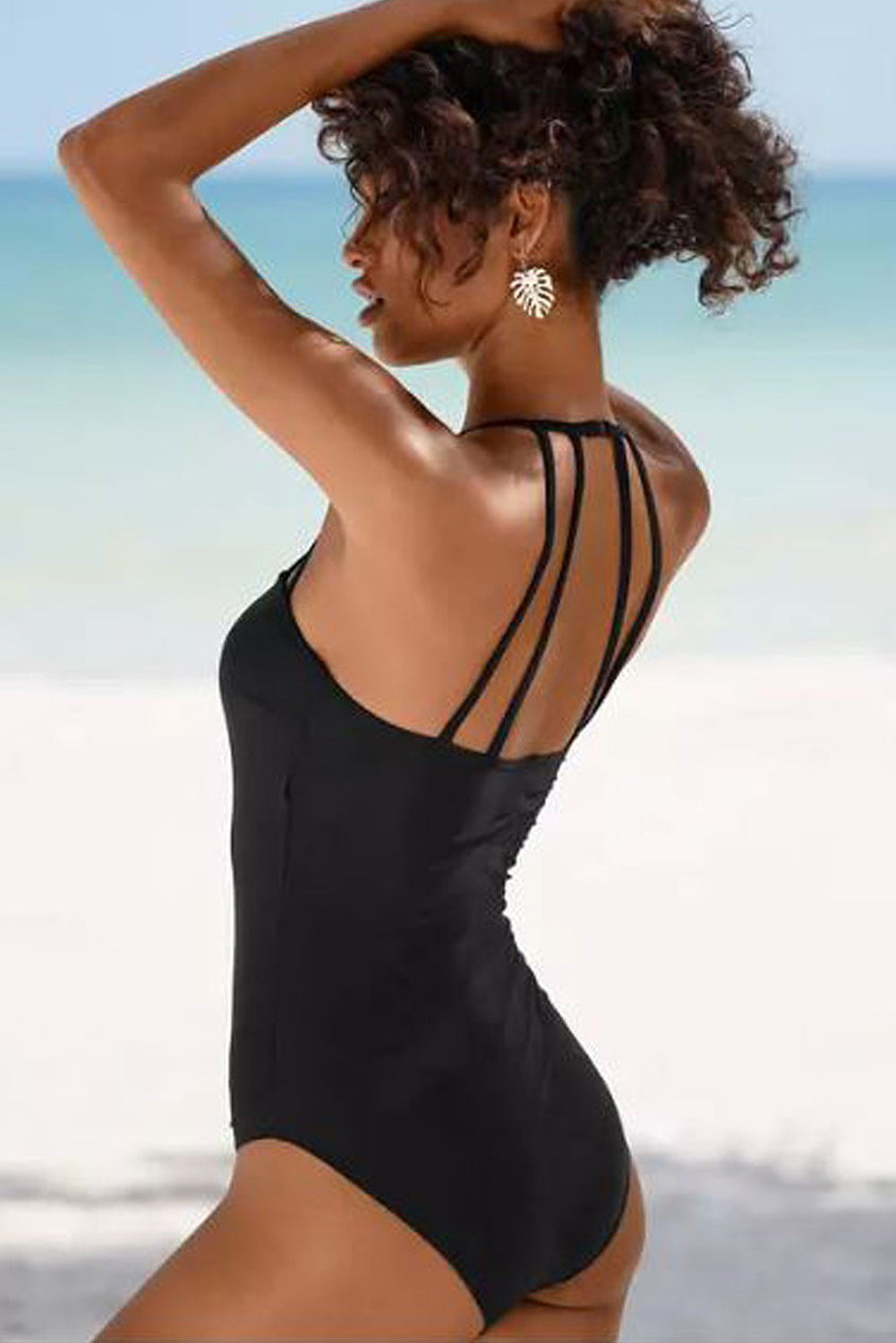Black Sleeveless Strappy Halter Neck One Piece Swimsuit eAura