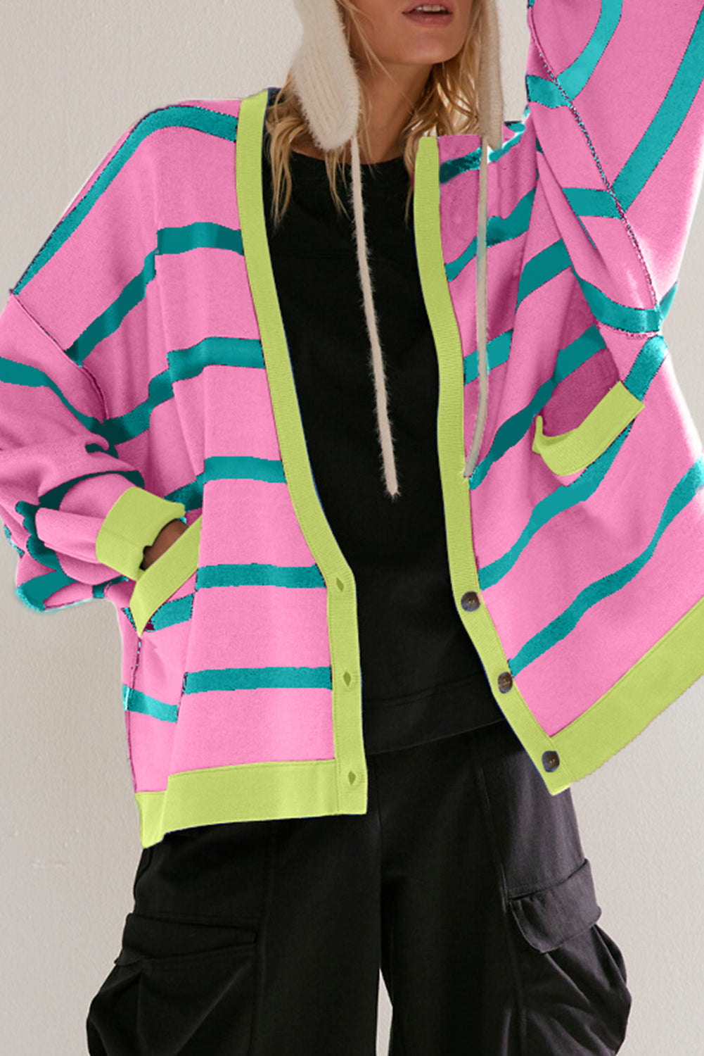 Pink Stripe Colourblock Drop Shoulder Baggy Cardigan eAura