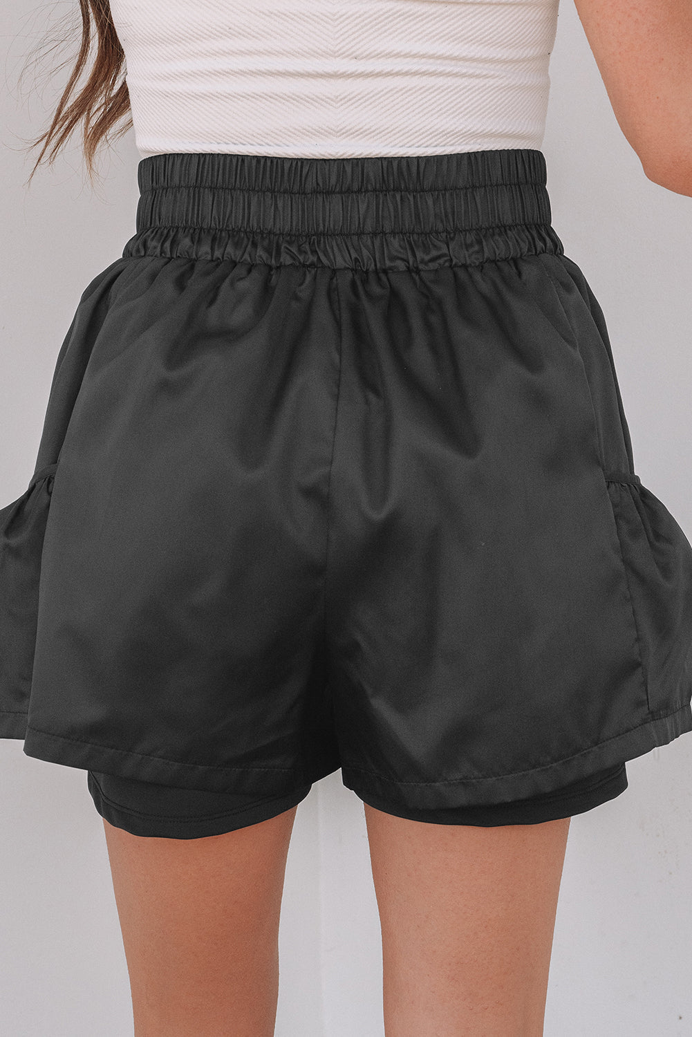 Black Elastic High Waist Pocketed Casual Shorts eAura