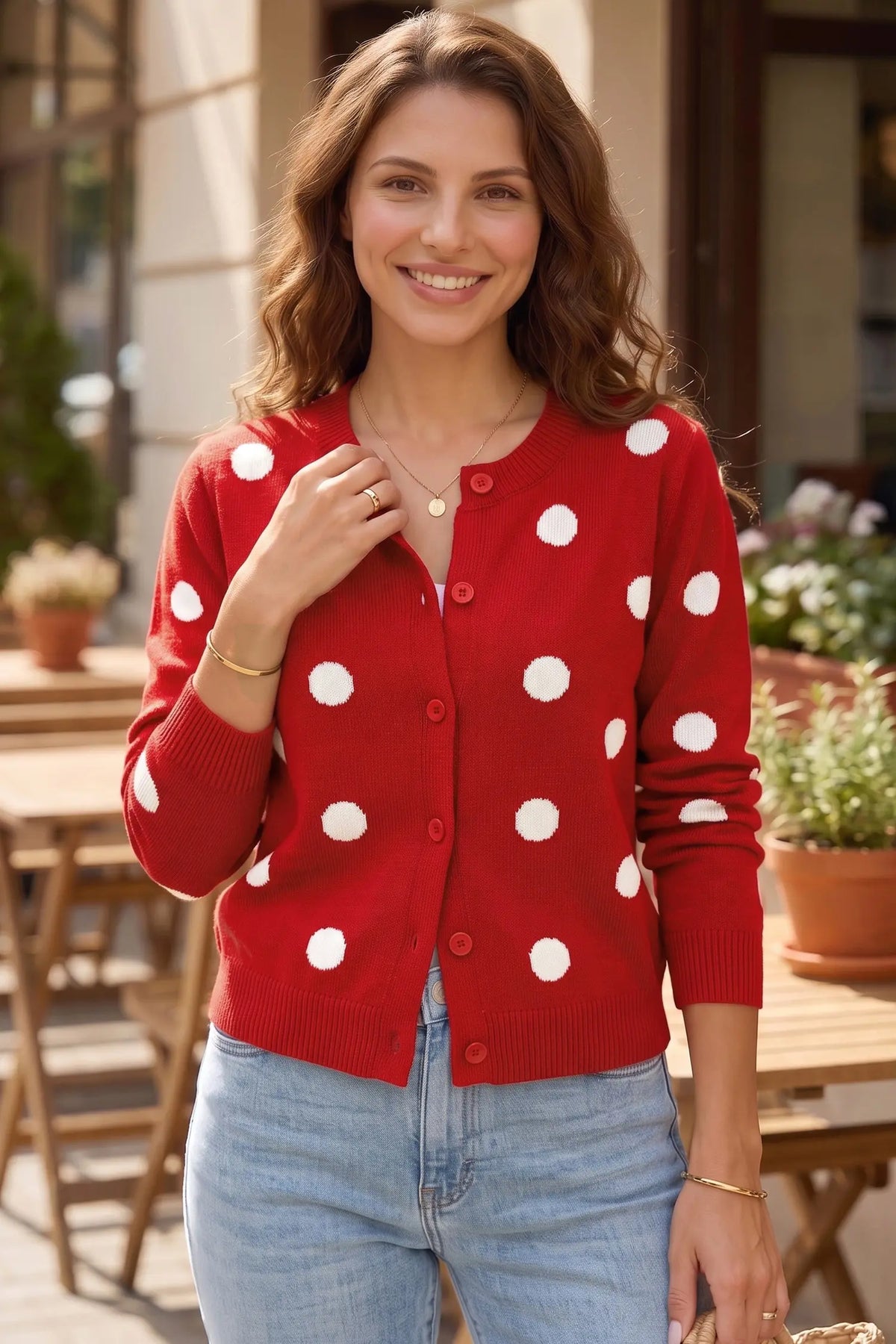 Casual Polka Dot Button Front Long Sleeve Sweater Cardigan