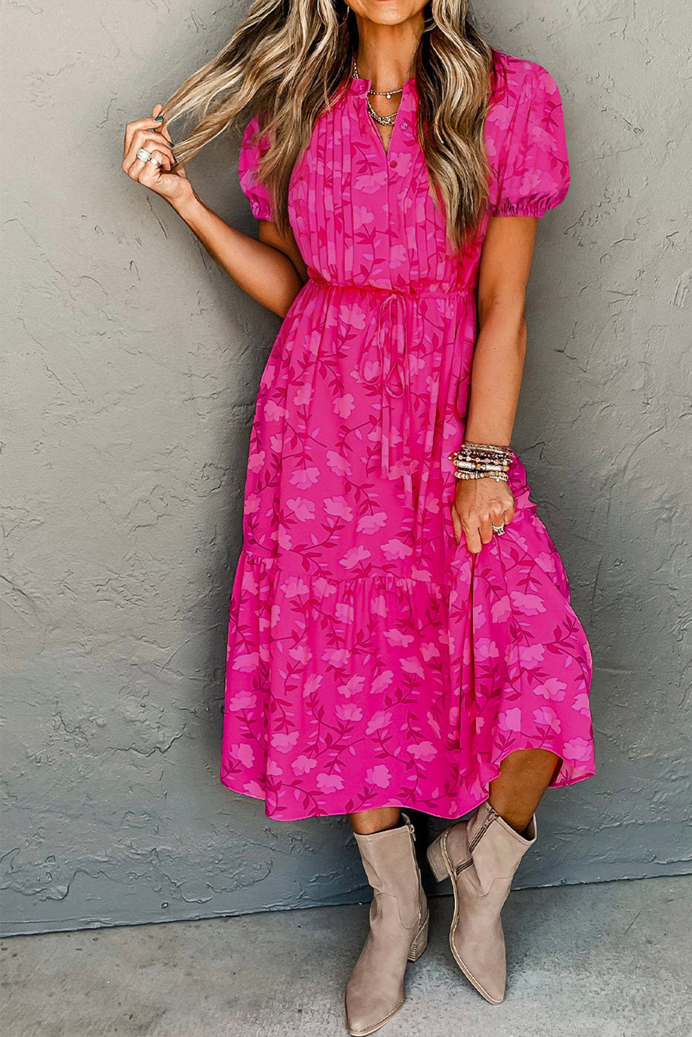 Rose Red Floral Print Pleated Drawstring Flowy Midi Dress eAura