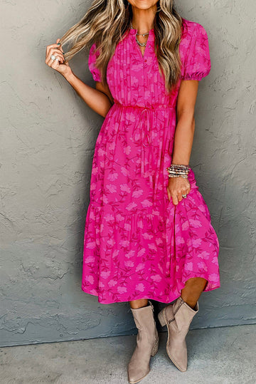 Rose Red Floral Print Pleated Drawstring Flowy Midi Dress eAura