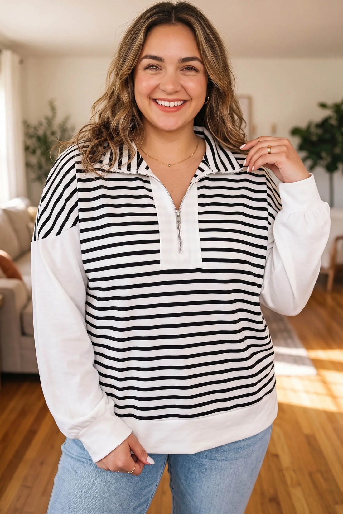 Striped Colourblock V Neck Long Sleeve Shift Plus Size Blouse – White Stripe
