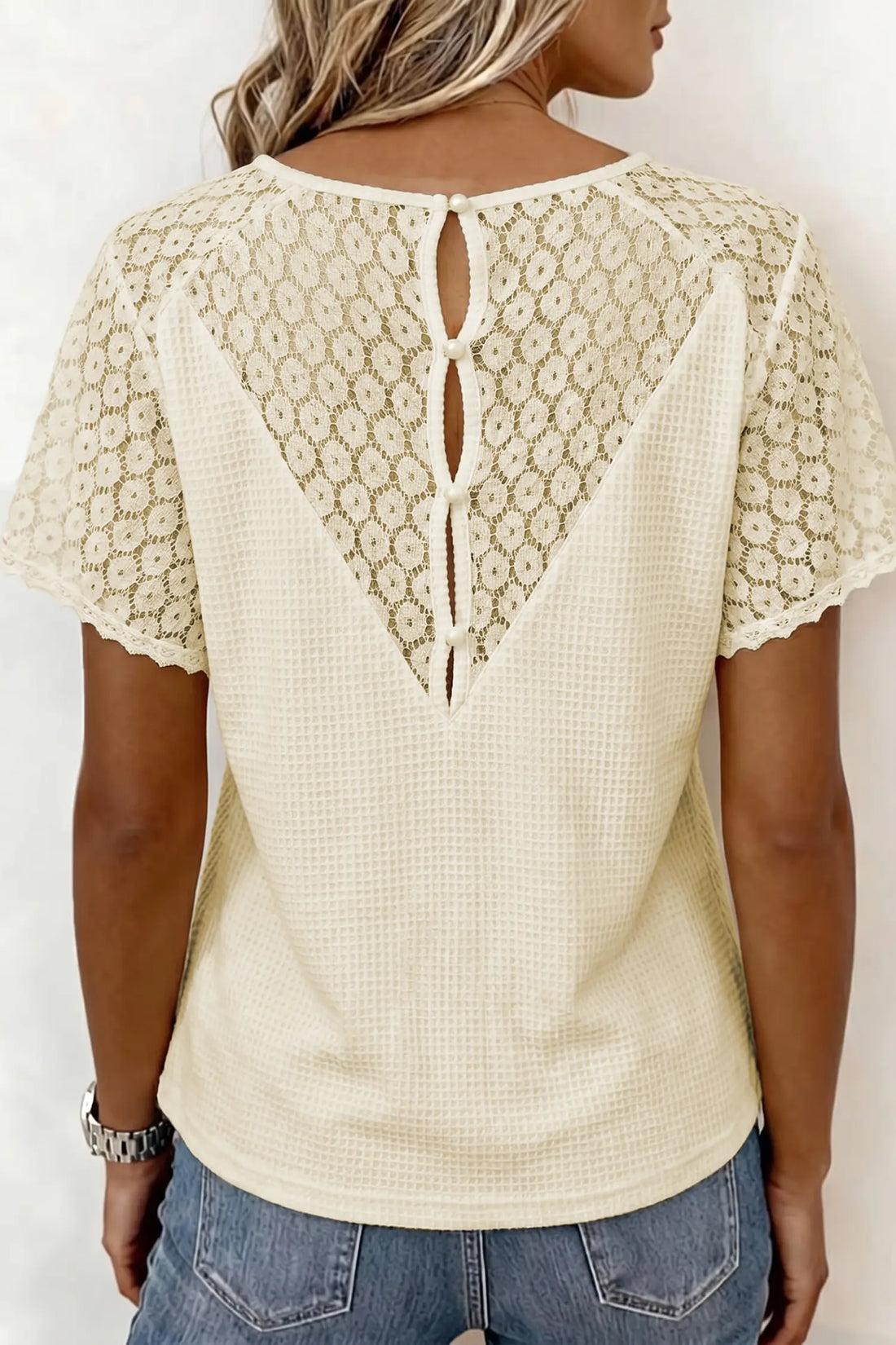 Lace Splicing Button Cutout V Neck Waffle Knit Blouse – Beige
