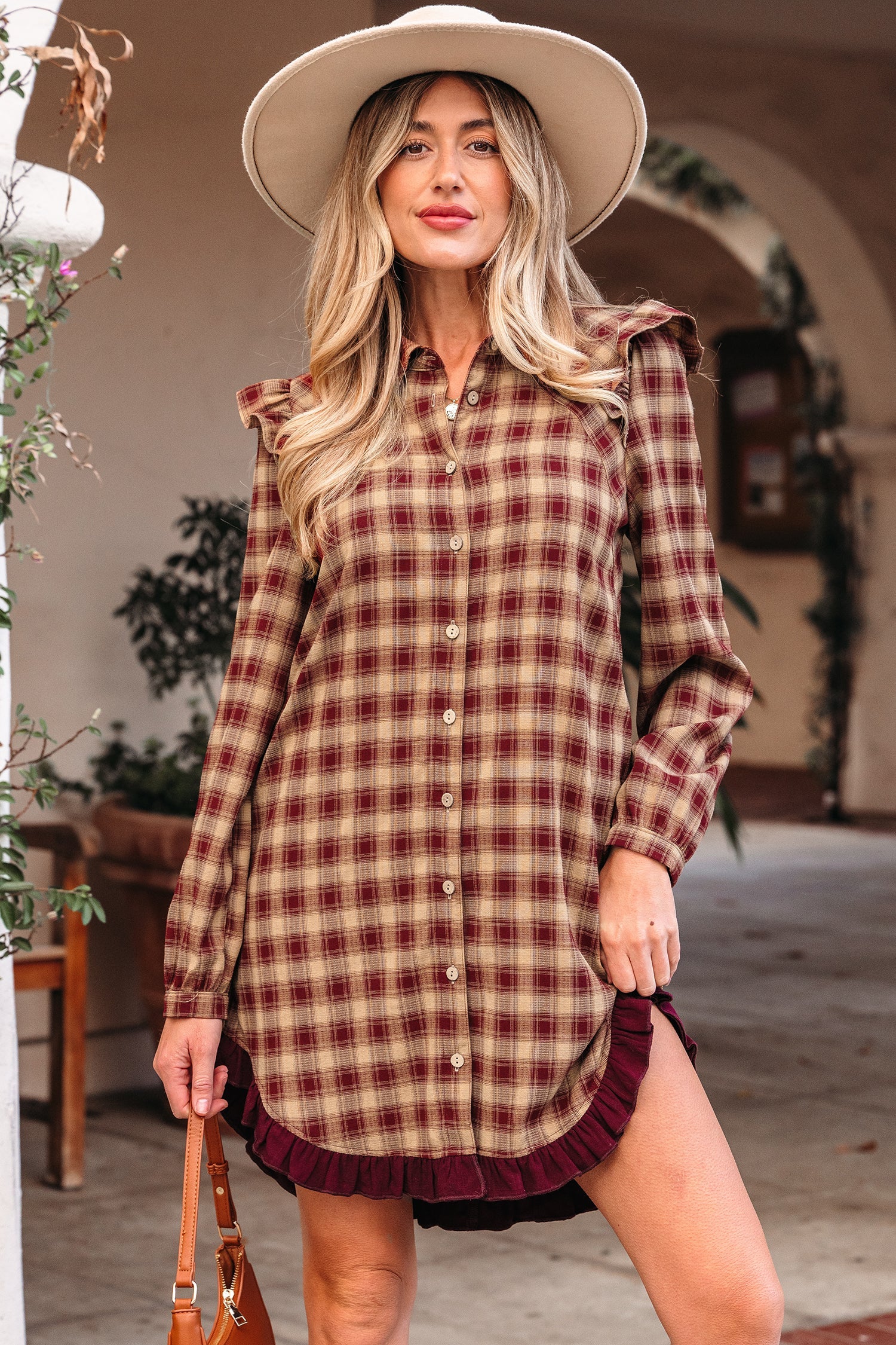 Print Ruffled Long Sleeve Patchwork Hem Mini Shirt Dress - eAura