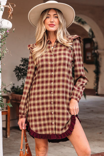 Print Ruffled Long Sleeve Patchwork Hem Mini Shirt Dress - eAura