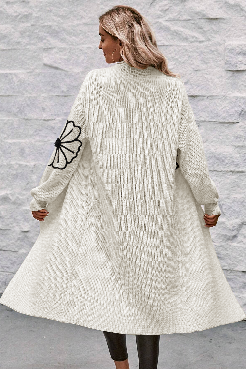 Beige Flower Embroidered Drop Shoulder Open Front Duster Cardigan eAura