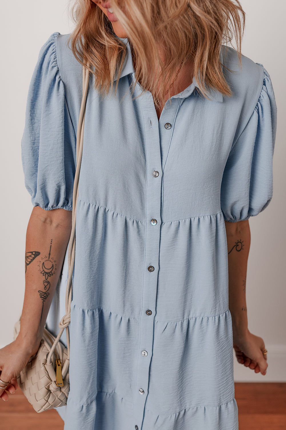 Beau Blue Shirt Collar Button Up Short Puff Sleeve Tiered Shift Dress - eAura