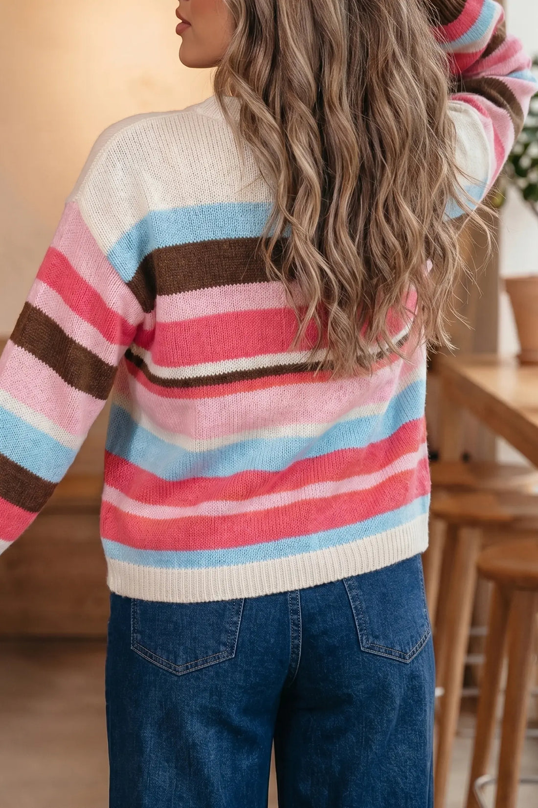 Striped Colourblock Drop Shoulder Cardigan – Pink Stripe