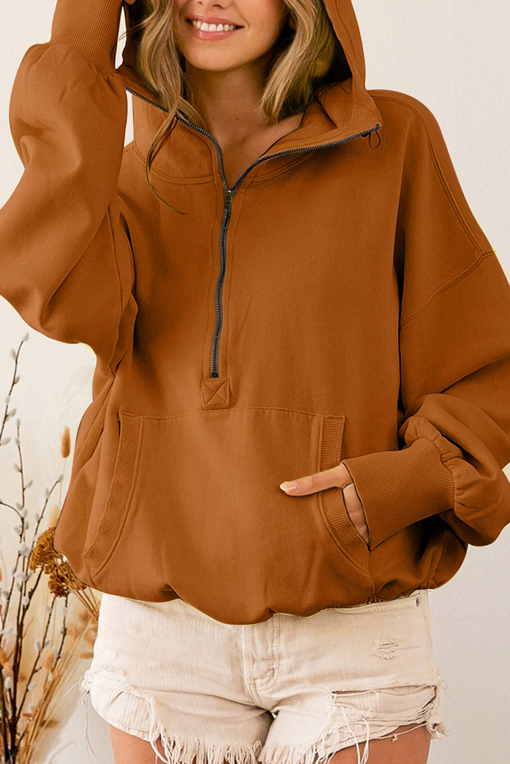 Beige Ribbed Trim Kangaroo Pocket Zipped Hoodie eAura