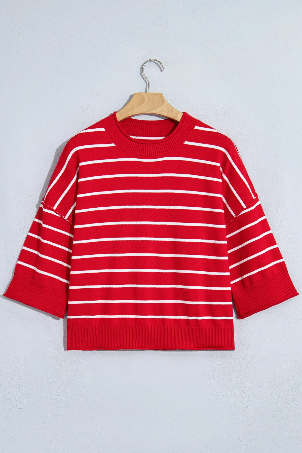 Dropped Shoulder Half Sleeve Relaxed Knit Sweater – Red Stripe